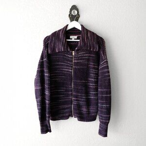 LOFT Zip Front Sweater Size Medium Purple Striped Rib Knit Collared Cardigan